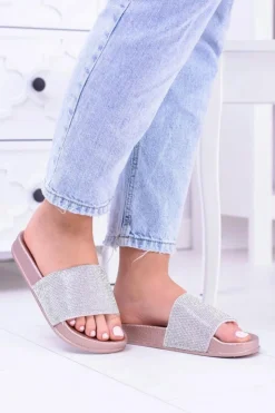 Clearance Boto Damskie Klapki Z Cyrkoniami MadameCristal Różowe