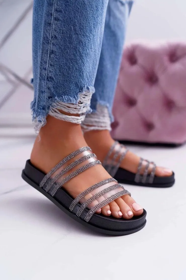 New Boto Damskie Klapki Z Cyrkoniami Czarne Larena