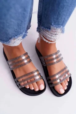 New Boto Damskie Klapki Z Cyrkoniami Czarne Larena