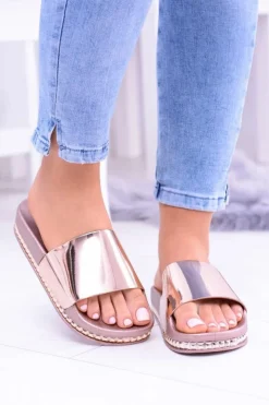 Boto Klapki Sportowe|Klapki Damskie Klasyczne*Damskie Klapki z Dżetami Mirock Różowe Złoto