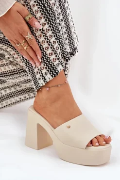 New Boto Damskie Klapki Z Eko Skóry Na Słupku I Platformie Jasnobeżowe Tamirella Beżowy