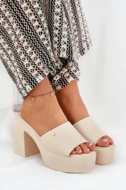 New Boto Damskie Klapki Z Eko Skóry Na Słupku I Platformie Jasnobeżowe Tamirella Beżowy