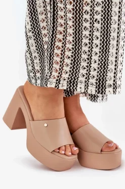 Damskie Boto Damskie Klapki Z Eko Skóry Na Słupku I Platformie Khaki Tamirella