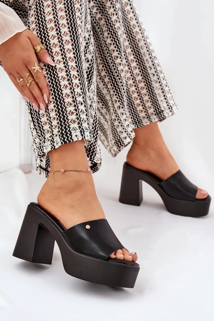 Boto Klapki Na Obcasie|Klapki Damskie Klasyczne*Damskie Klapki Z Eko Skóry Na Słupku I Platformie Czarne Tamirella Czarny