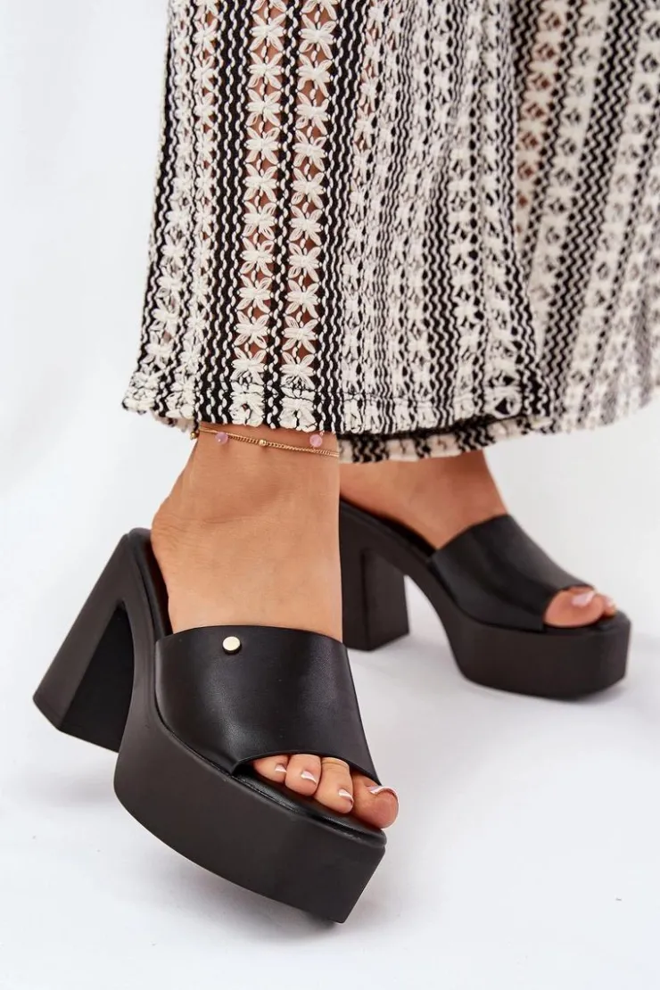 Boto Klapki Na Obcasie|Klapki Damskie Klasyczne*Damskie Klapki Z Eko Skóry Na Słupku I Platformie Czarne Tamirella Czarny