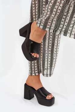 Boto Klapki Na Obcasie|Klapki Damskie Klasyczne*Damskie Klapki Z Eko Skóry Na Słupku I Platformie Czarne Tamirella Czarny