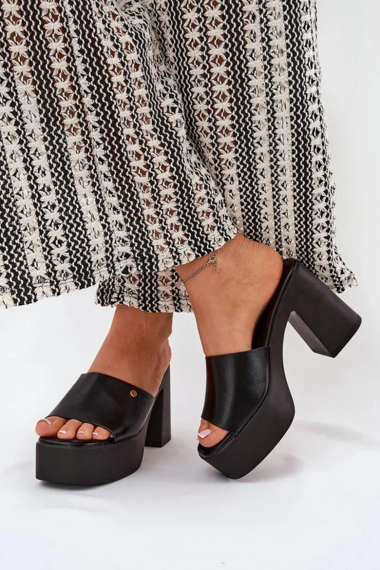 Boto Klapki Na Obcasie|Klapki Damskie Klasyczne*Damskie Klapki Z Eko Skóry Na Słupku I Platformie Czarne Tamirella Czarny