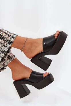 Boto Klapki Na Obcasie|Klapki Damskie Klasyczne*Damskie Klapki Z Eko Skóry Na Słupku I Platformie Czarne Tamirella Czarny