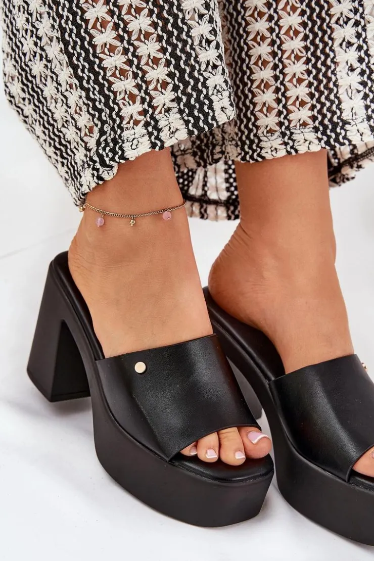 Boto Klapki Na Obcasie|Klapki Damskie Klasyczne*Damskie Klapki Z Eko Skóry Na Słupku I Platformie Czarne Tamirella Czarny