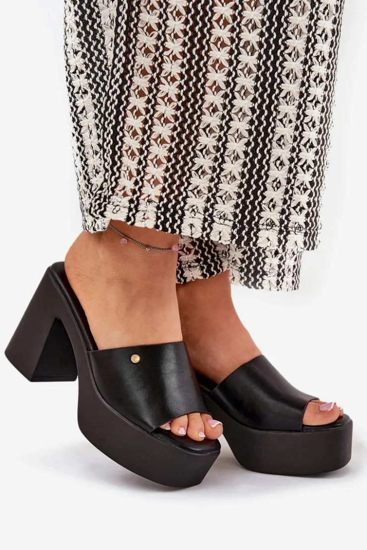 Boto Klapki Na Obcasie|Klapki Damskie Klasyczne*Damskie Klapki Z Eko Skóry Na Słupku I Platformie Czarne Tamirella Czarny