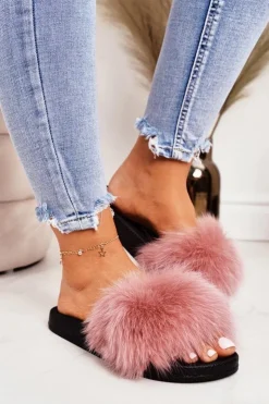 Damskie Boto Damskie Klapki z Futerkiem Różowe Belmondo