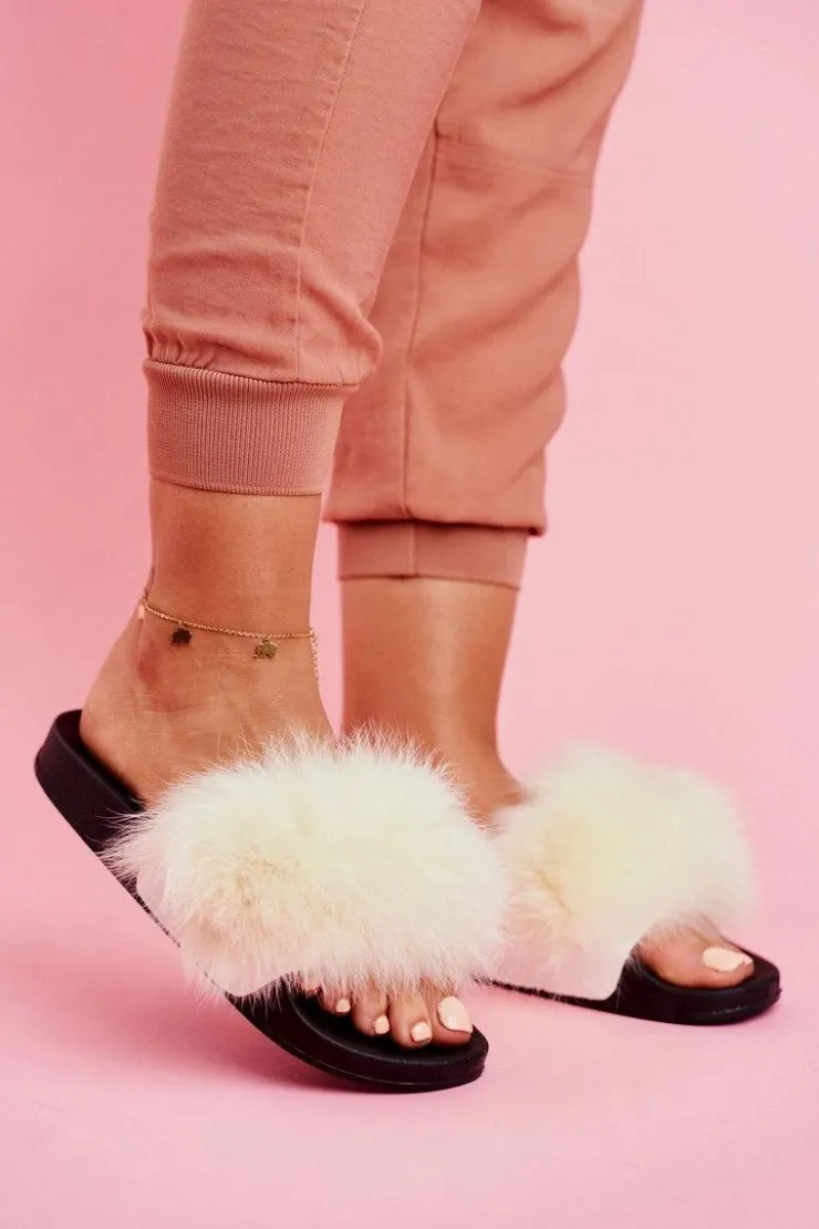 Boto Klapki Z Futerkiem|Klapki Damskie Klasyczne*Damskie Klapki z Futerkiem Białe Belmondo