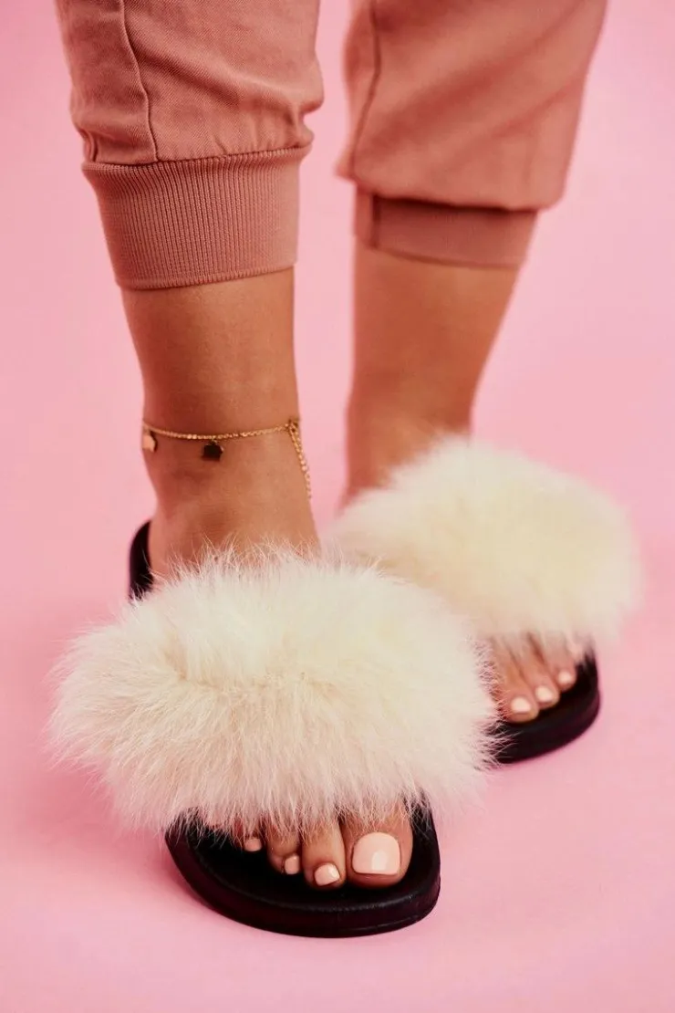 Boto Klapki Z Futerkiem|Klapki Damskie Klasyczne*Damskie Klapki z Futerkiem Białe Belmondo