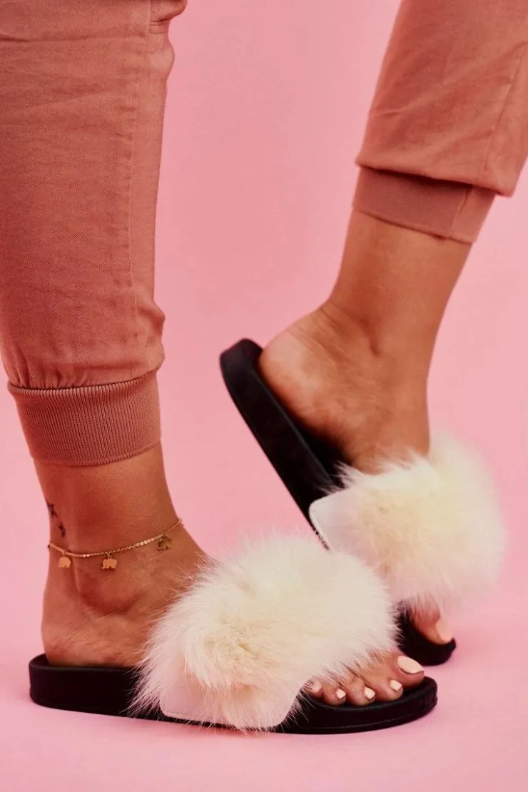 Boto Klapki Z Futerkiem|Klapki Damskie Klasyczne*Damskie Klapki z Futerkiem Białe Belmondo