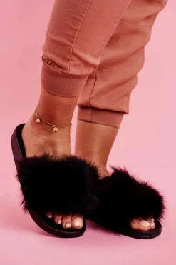 Boto Klapki Z Futerkiem|Klapki Damskie Klasyczne*Damskie Klapki z Futerkiem Czarne Belmondo