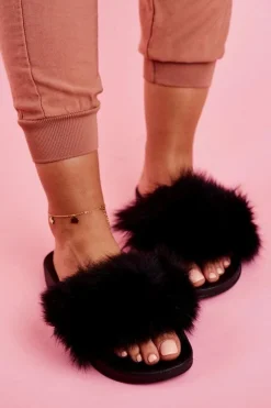 Boto Klapki Z Futerkiem|Klapki Damskie Klasyczne*Damskie Klapki z Futerkiem Czarne Belmondo