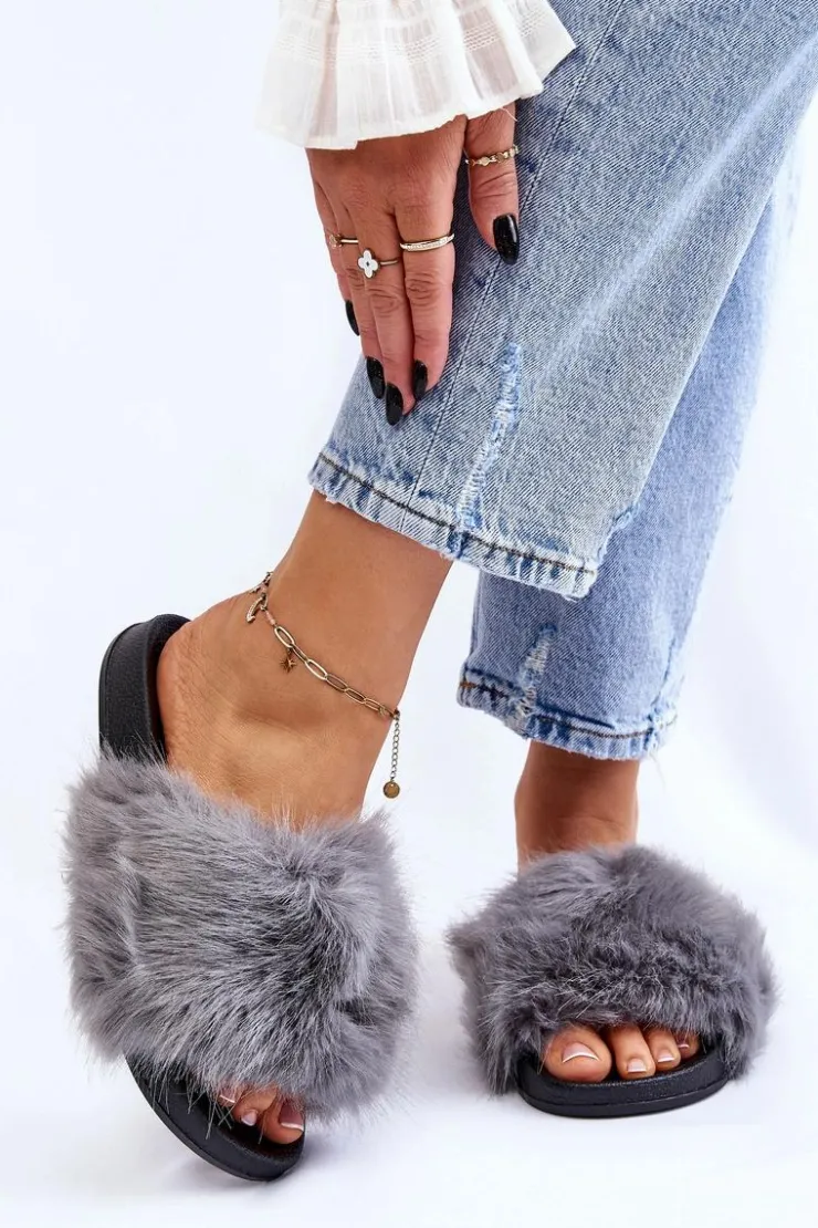 Boto Klapki Z Futerkiem|Klapki Damskie Klasyczne*Damskie Klapki Z Futerkiem Szare Kennet