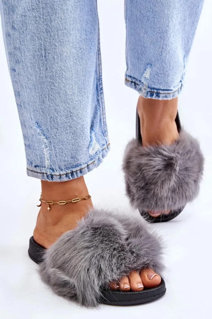 Boto Klapki Z Futerkiem|Klapki Damskie Klasyczne*Damskie Klapki Z Futerkiem Szare Kennet