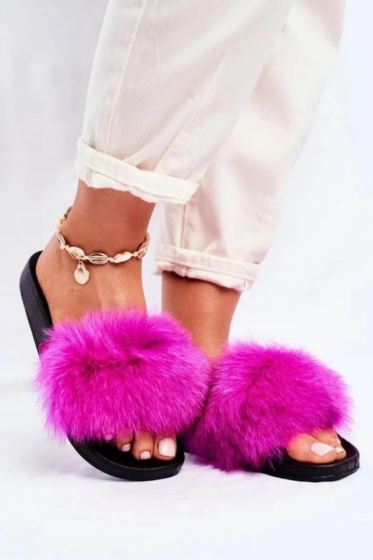 Boto Klapki Z Futerkiem|Klapki Damskie Klasyczne*Damskie Klapki z Futerkiem Fuksja Belmondo