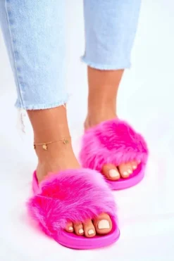 Discount Boto Damskie Klapki Z Futerkiem Neon Fuksja Fur