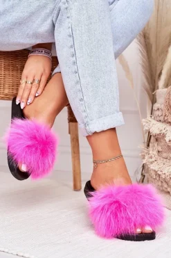 Sale Boto Damskie Klapki z Futerkiem Fuksja Belmondo