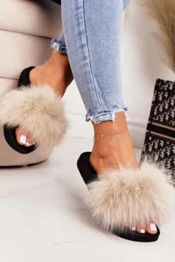 Online Boto Damskie Klapki z Futerkiem Beżowe Belmondo