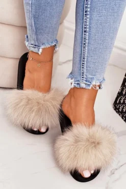 Online Boto Damskie Klapki z Futerkiem Beżowe Belmondo