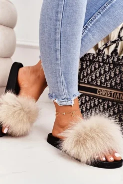 Online Boto Damskie Klapki z Futerkiem Beżowe Belmondo