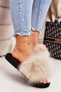 Online Boto Damskie Klapki z Futerkiem Beżowe Belmondo