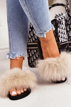 Online Boto Damskie Klapki z Futerkiem Beżowe Belmondo