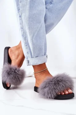 Hot Boto Damskie Klapki z Futerkiem Ciemnoszare Belmondo