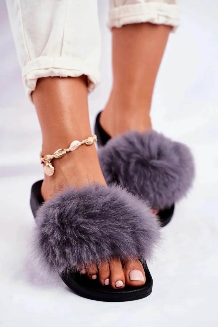 Boto Klapki Z Futerkiem|Klapki Damskie Klasyczne*Damskie Klapki z Futerkiem Szare Belmondo