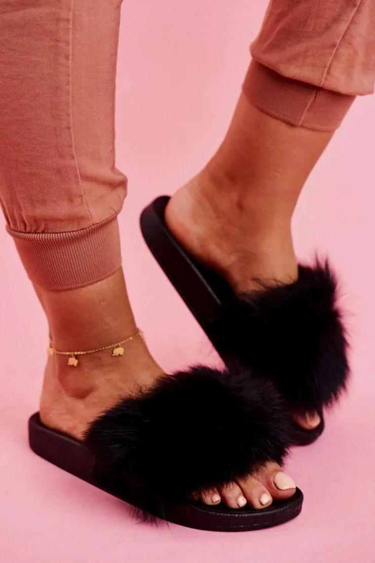 Boto Klapki Z Futerkiem|Klapki Damskie Klasyczne*Damskie Klapki z Futerkiem Czarne Belmondo Czarny