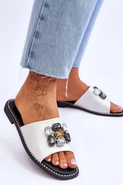 Damskie buty S.Barski Klapki Damskie Klasyczne*Damskie Klapki Z Kamieniami S.Barski KV-2775-31 Biało-Srebrne