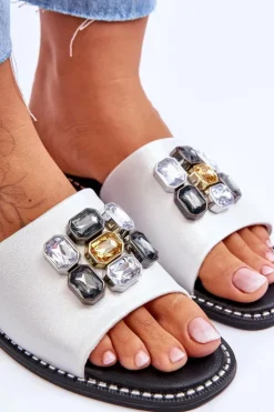 Damskie buty S.Barski Klapki Damskie Klasyczne*Damskie Klapki Z Kamieniami S.Barski KV-2775-31 Biało-Srebrne