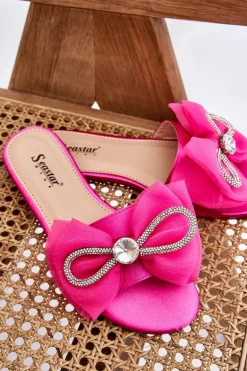 Boto Klapki Damskie Klasyczne*Damskie Klapki Z Kokardą I Cyrkoniami Fuksja Jolene
