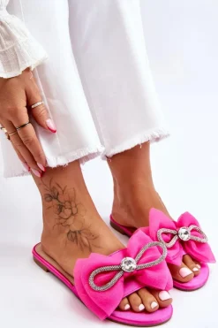Boto Klapki Damskie Klasyczne*Damskie Klapki Z Kokardą I Cyrkoniami Fuksja Jolene