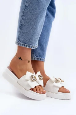 Hot Boto Damskie Klapki Z Kokardą i Misiem Białe Katterina