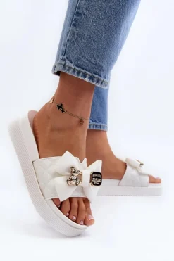 Hot Boto Damskie Klapki Z Kokardą i Misiem Białe Katterina