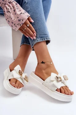 Hot Boto Damskie Klapki Z Kokardą i Misiem Białe Katterina