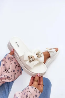 Hot Boto Damskie Klapki Z Kokardą i Misiem Białe Katterina