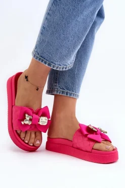 Boto Klapki Damskie Klasyczne*Damskie Klapki Z Kokardą i Misiem Fuksja Katterina Różowy