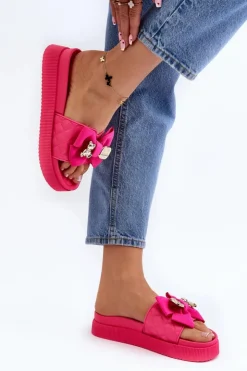 Boto Klapki Damskie Klasyczne*Damskie Klapki Z Kokardą i Misiem Fuksja Katterina Różowy