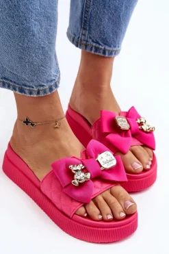 Boto Klapki Damskie Klasyczne*Damskie Klapki Z Kokardą i Misiem Fuksja Katterina Różowy