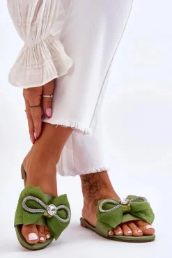 Damskie Boto Damskie Klapki Z Kokardą I Cyrkoniami Zielone Jolene