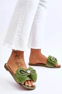 Damskie Boto Damskie Klapki Z Kokardą I Cyrkoniami Zielone Jolene