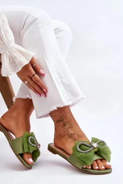 Damskie Boto Damskie Klapki Z Kokardą I Cyrkoniami Zielone Jolene