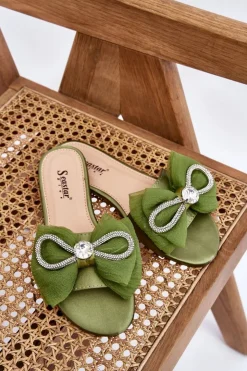 Damskie Boto Damskie Klapki Z Kokardą I Cyrkoniami Zielone Jolene
