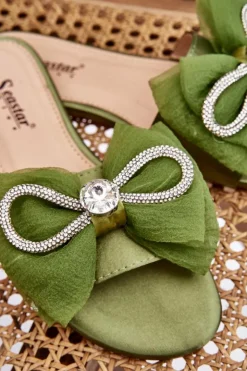 Damskie Boto Damskie Klapki Z Kokardą I Cyrkoniami Zielone Jolene
