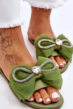 Damskie Boto Damskie Klapki Z Kokardą I Cyrkoniami Zielone Jolene